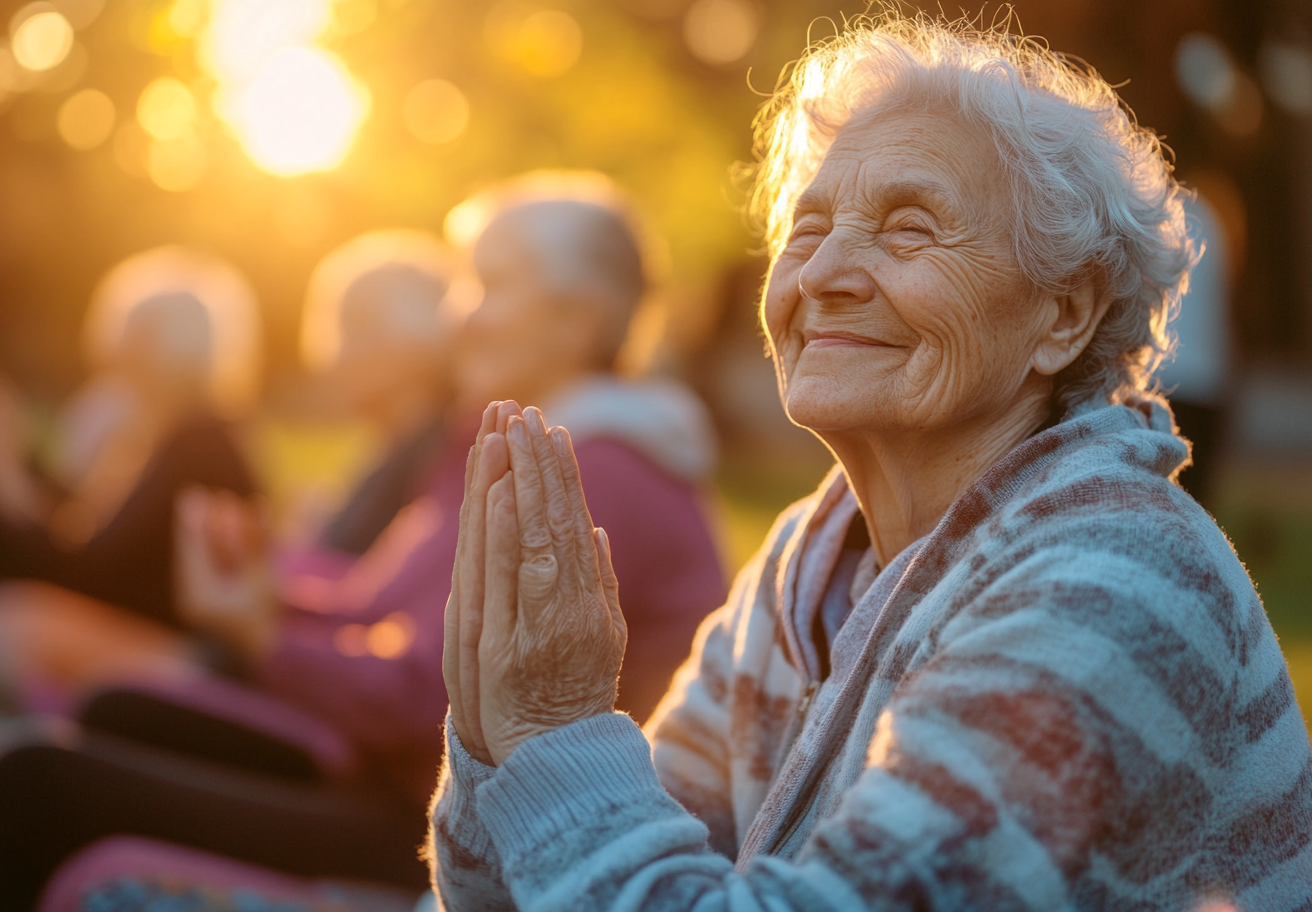 Група людей різного віку практикує йогу в синхронній позі